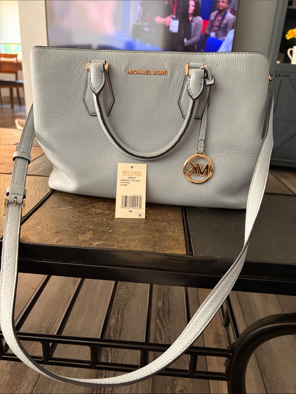 Michael Kors Pale Blue Pebbled Leather Satchel with Gold Hardware